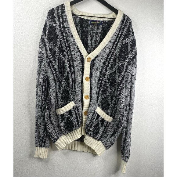 Lifetrends Sweater Cardigan Men's Black White Sz L 3D 80's 90's Grandpa Vintage